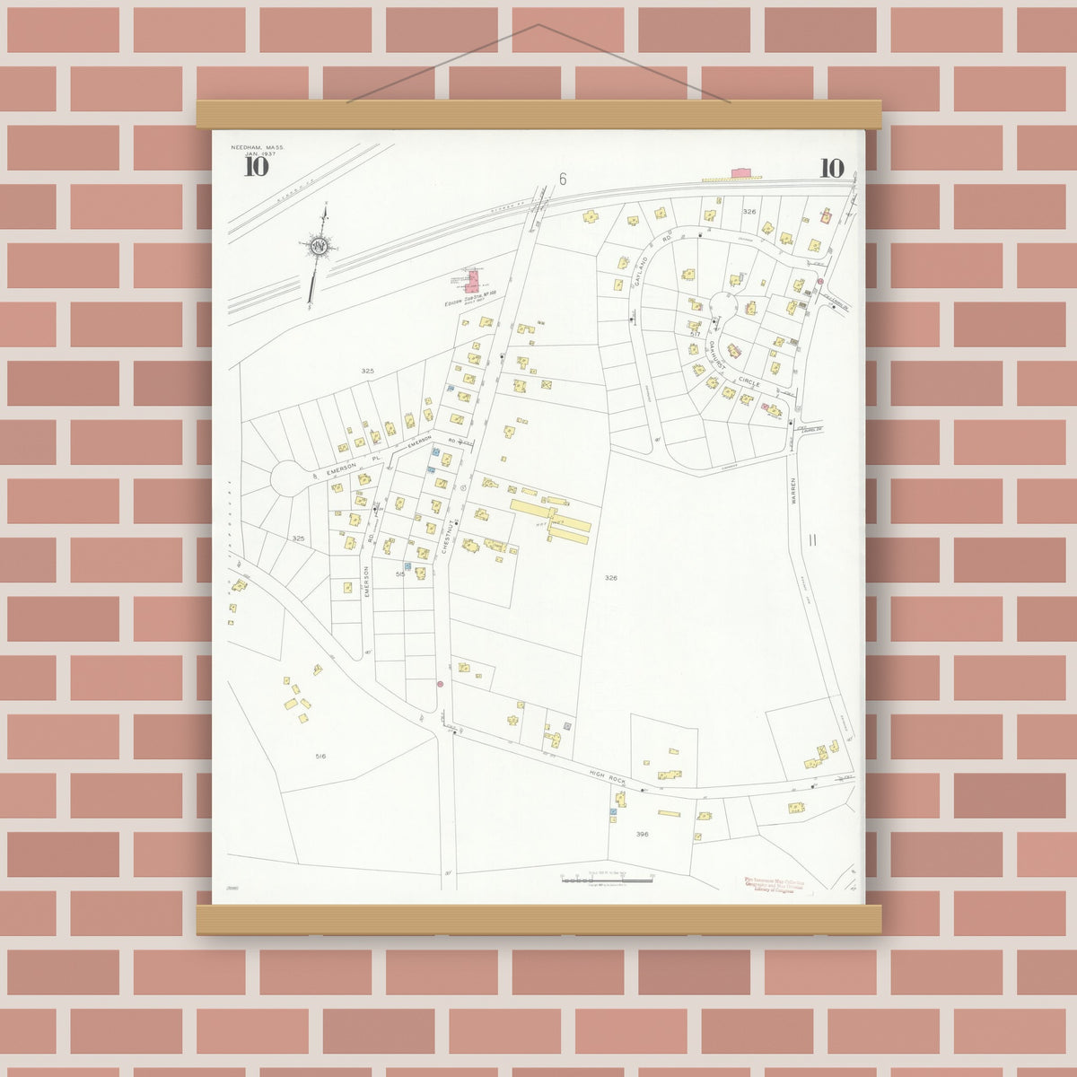 Old map wall art mockup — magnetic wood frame on brick wall — Sanborn Fire Insurance Map from Needham, Norfolk County, Massachusetts (1937), Sheet #0010