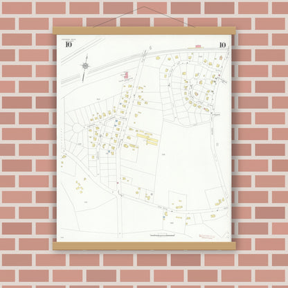 Old map wall art mockup — magnetic wood frame on brick wall — Sanborn Fire Insurance Map from Needham, Norfolk County, Massachusetts (1937), Sheet #0010