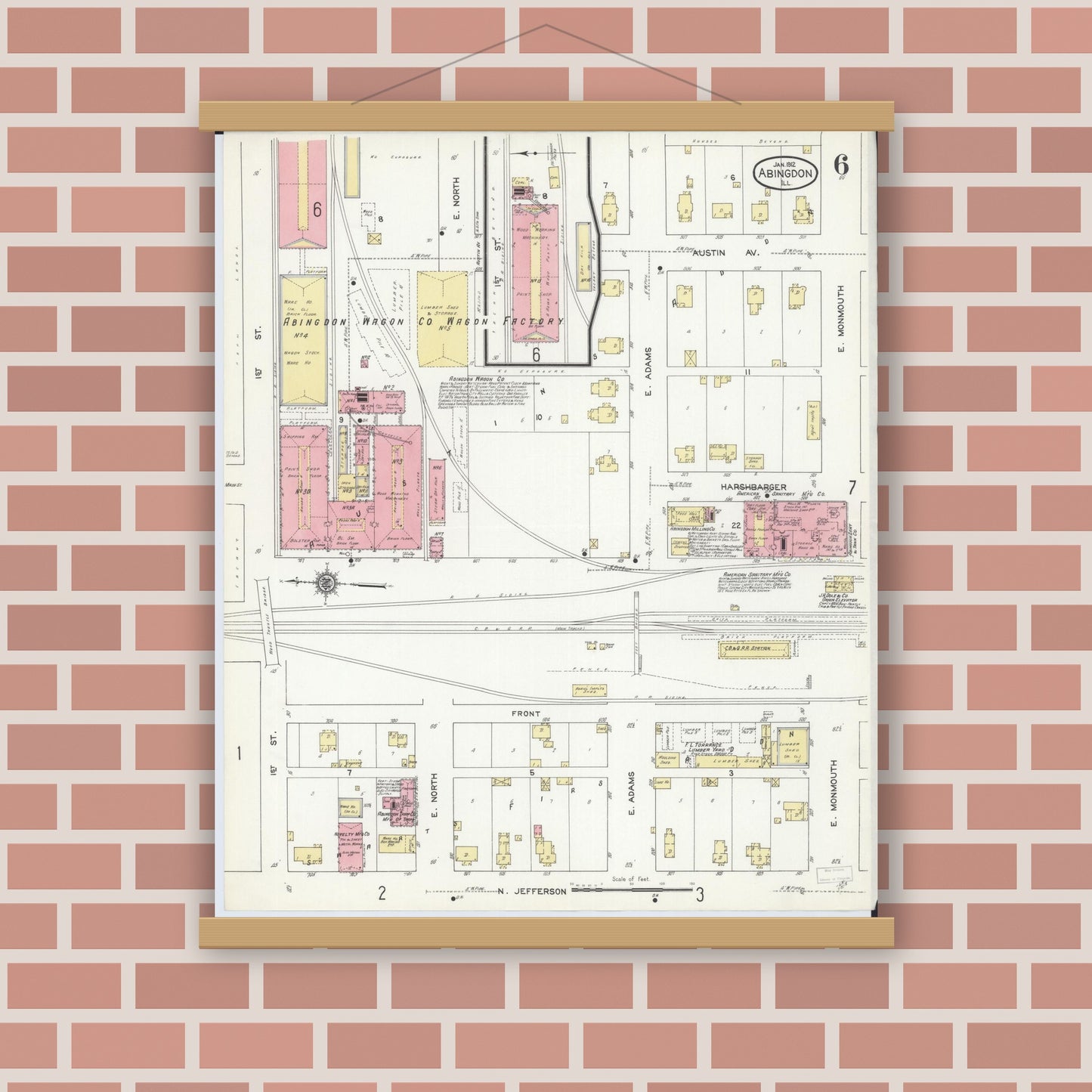 Old map wall art mockup — magnetic wood frame on brick wall — Sanborn Fire Insurance Map from Abingdon, Knox County, Illinois (1912), Sheet #0006