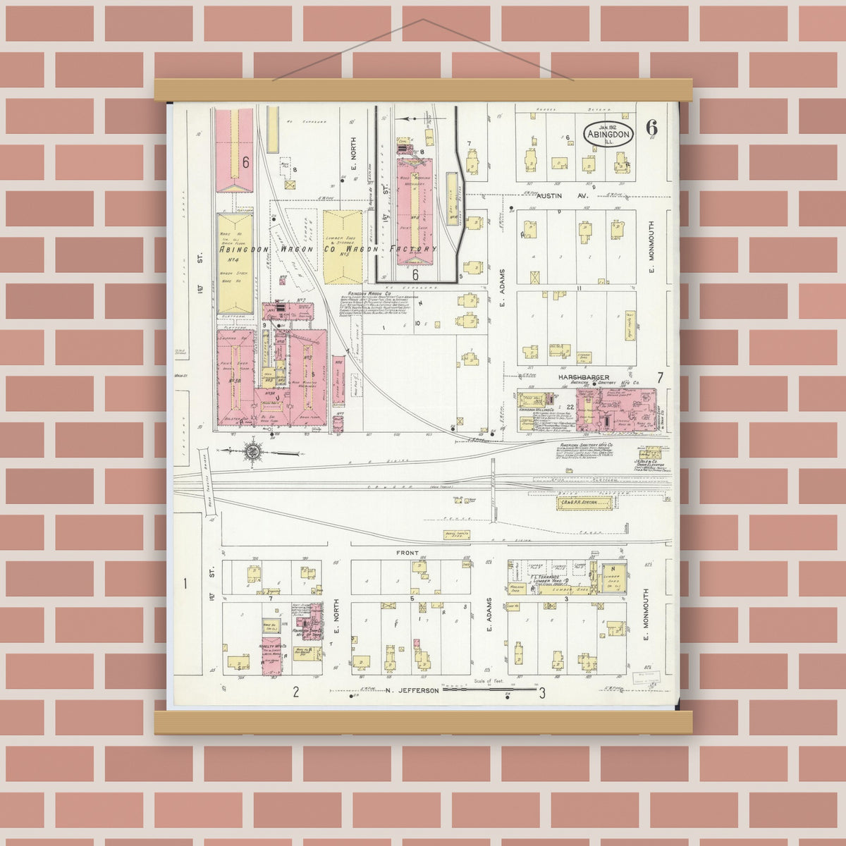 Old map wall art mockup — magnetic wood frame on brick wall — Sanborn Fire Insurance Map from Abingdon, Knox County, Illinois (1912), Sheet #0006