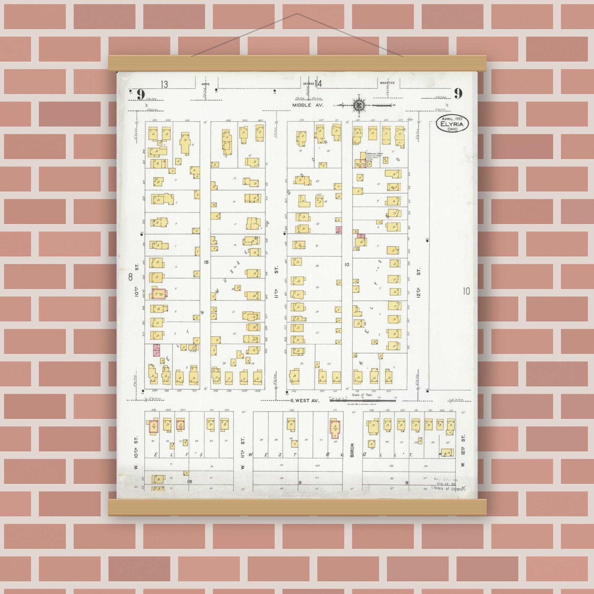 Old map wall art mockup — magnetic wood frame on brick wall — Sanborn Fire Insurance Map from Elyria, Lorain County, Ohio (1925), Sheet #0009