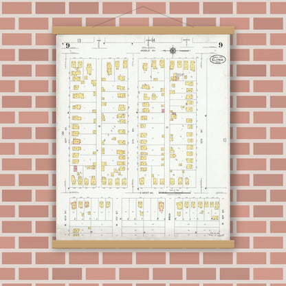 Old map wall art mockup — magnetic wood frame on brick wall — Sanborn Fire Insurance Map from Elyria, Lorain County, Ohio (1925), Sheet #0009