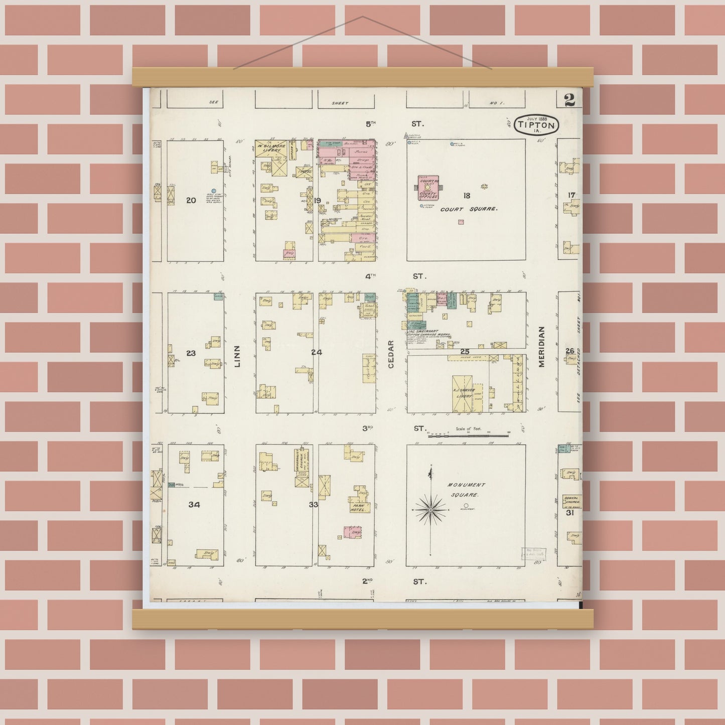 Old map wall art mockup — magnetic wood frame on brick wall — Sanborn Fire Insurance Map from Tipton, Cedar County, Iowa (1888), Sheet #0002