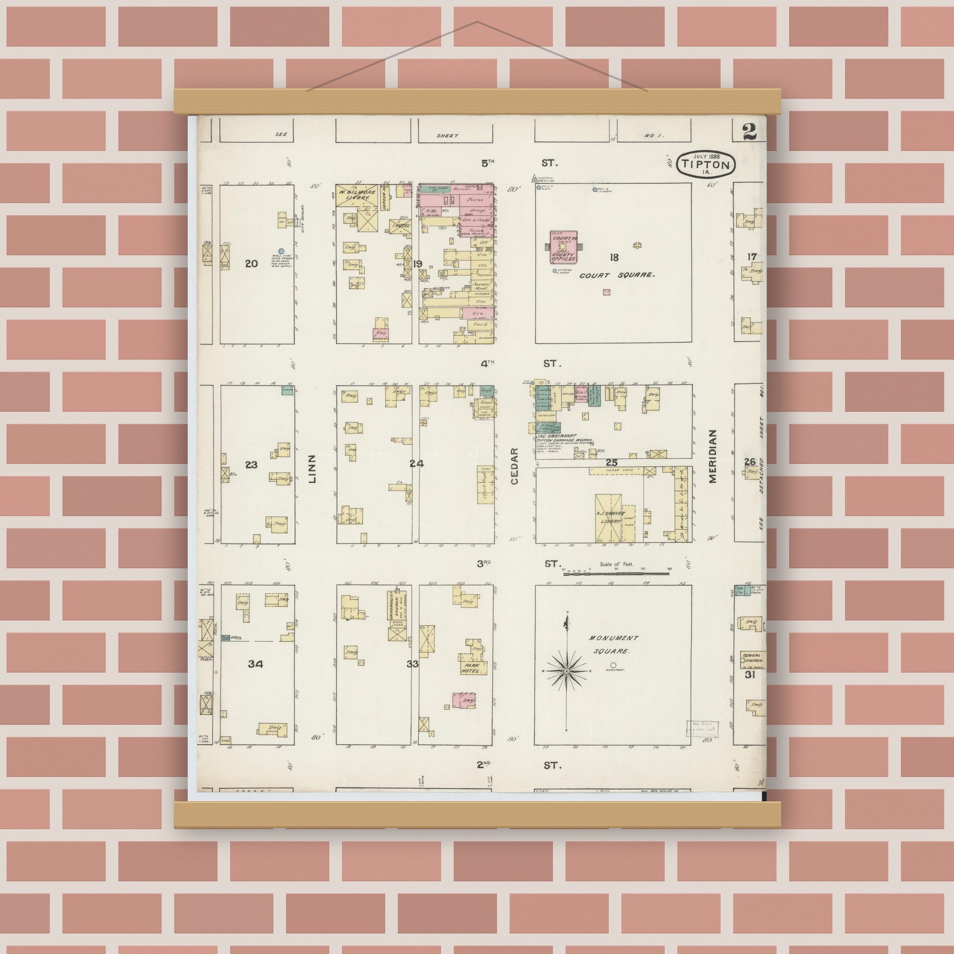 Old map wall art mockup — magnetic wood frame on brick wall — Sanborn Fire Insurance Map from Tipton, Cedar County, Iowa (1888), Sheet #0002