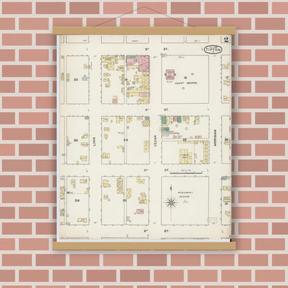 Old map wall art mockup — magnetic wood frame on brick wall — Sanborn Fire Insurance Map from Tipton, Cedar County, Iowa (1888), Sheet #0002