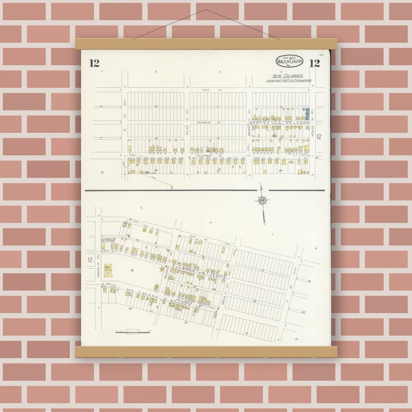 Old map wall art mockup — magnetic wood frame on brick wall — Sanborn Fire Insurance Map from Mauch Chunk, Carbon County, Pennsylvania (1930), Sheet #0012