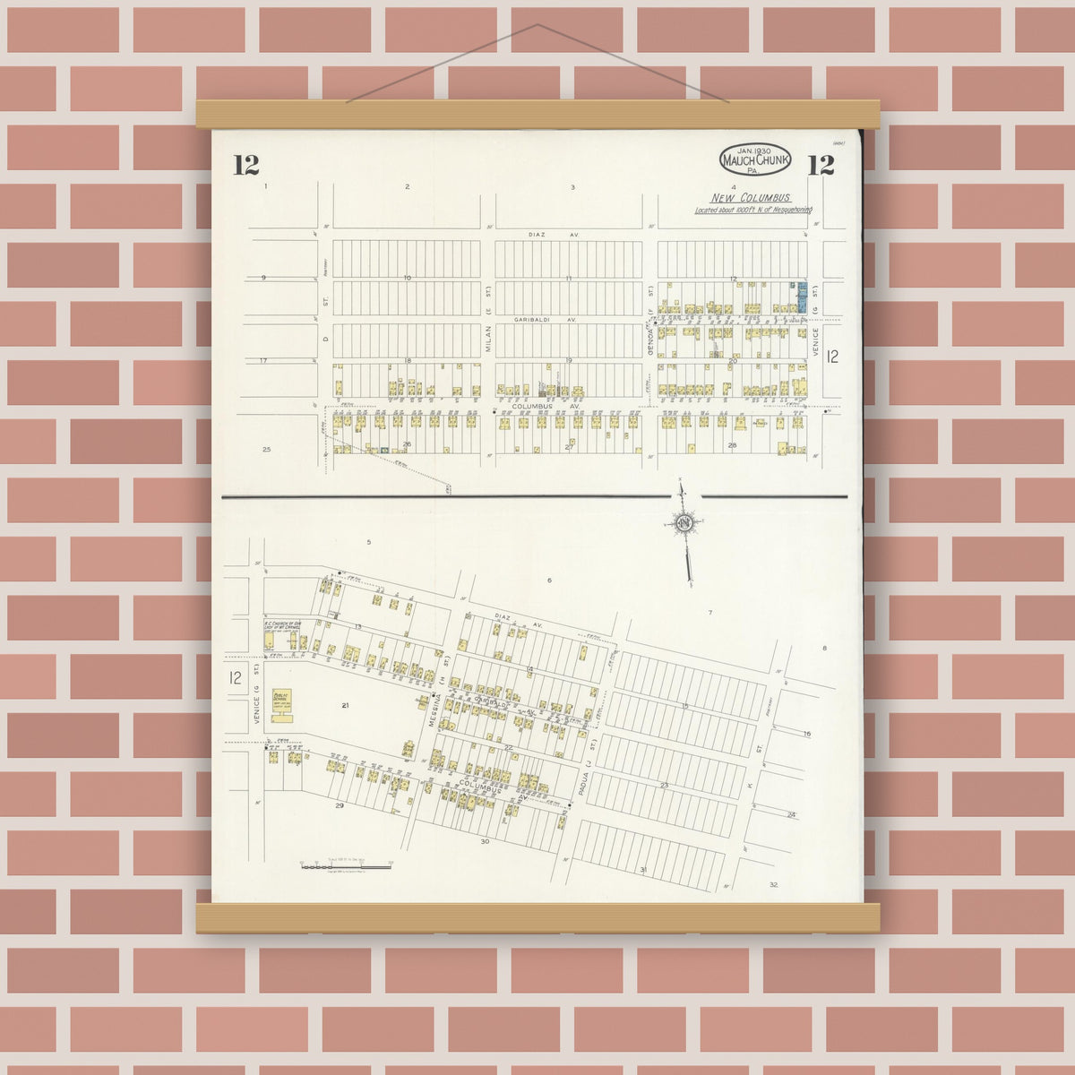 Old map wall art mockup — magnetic wood frame on brick wall — Sanborn Fire Insurance Map from Mauch Chunk, Carbon County, Pennsylvania (1930), Sheet #0012