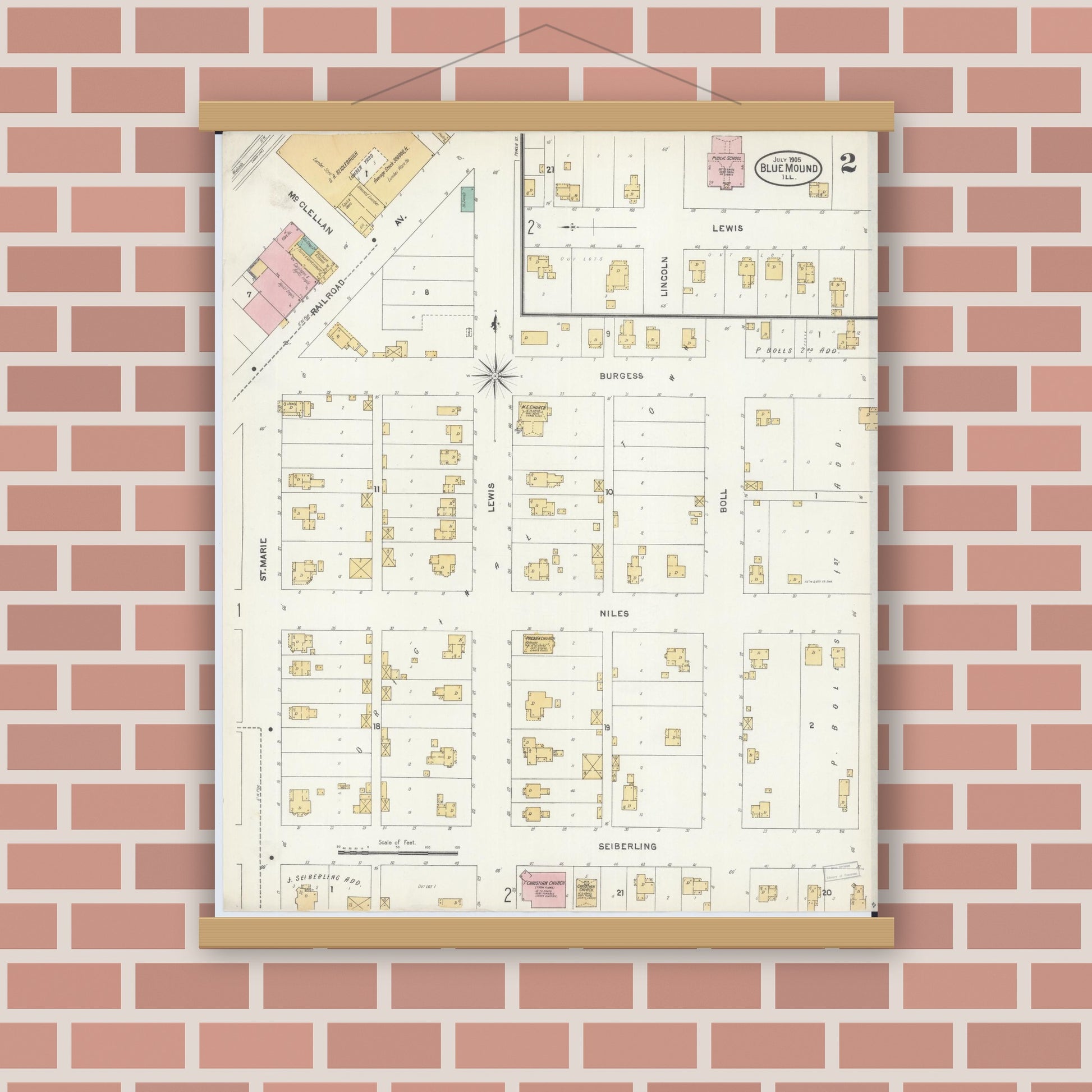Old map wall art mockup — magnetic wood frame on brick wall — Sanborn Fire Insurance Map from Blue Mound, Macon County, Illinois (1905), Sheet #0002