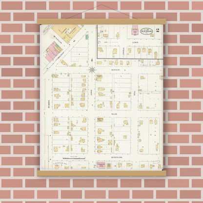 Old map wall art mockup — magnetic wood frame on brick wall — Sanborn Fire Insurance Map from Blue Mound, Macon County, Illinois (1905), Sheet #0002