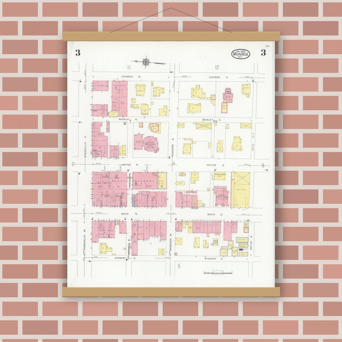 Old map wall art mockup — magnetic wood frame on brick wall — Sanborn Fire Insurance Map from Monroe, Union County, North Carolina (1930), Sheet #0003