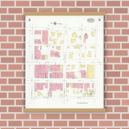Old map wall art mockup — magnetic wood frame on brick wall — Sanborn Fire Insurance Map from Monroe, Union County, North Carolina (1930), Sheet #0003