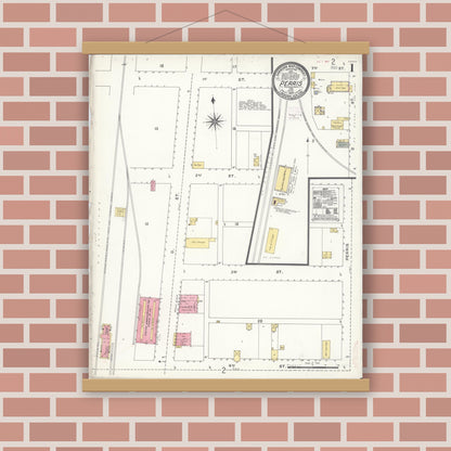 Old map wall art mockup — magnetic wood frame on brick wall — Sanborn Fire Insurance Map from Perris, Riverside County, California (1907) - Complete Map Set