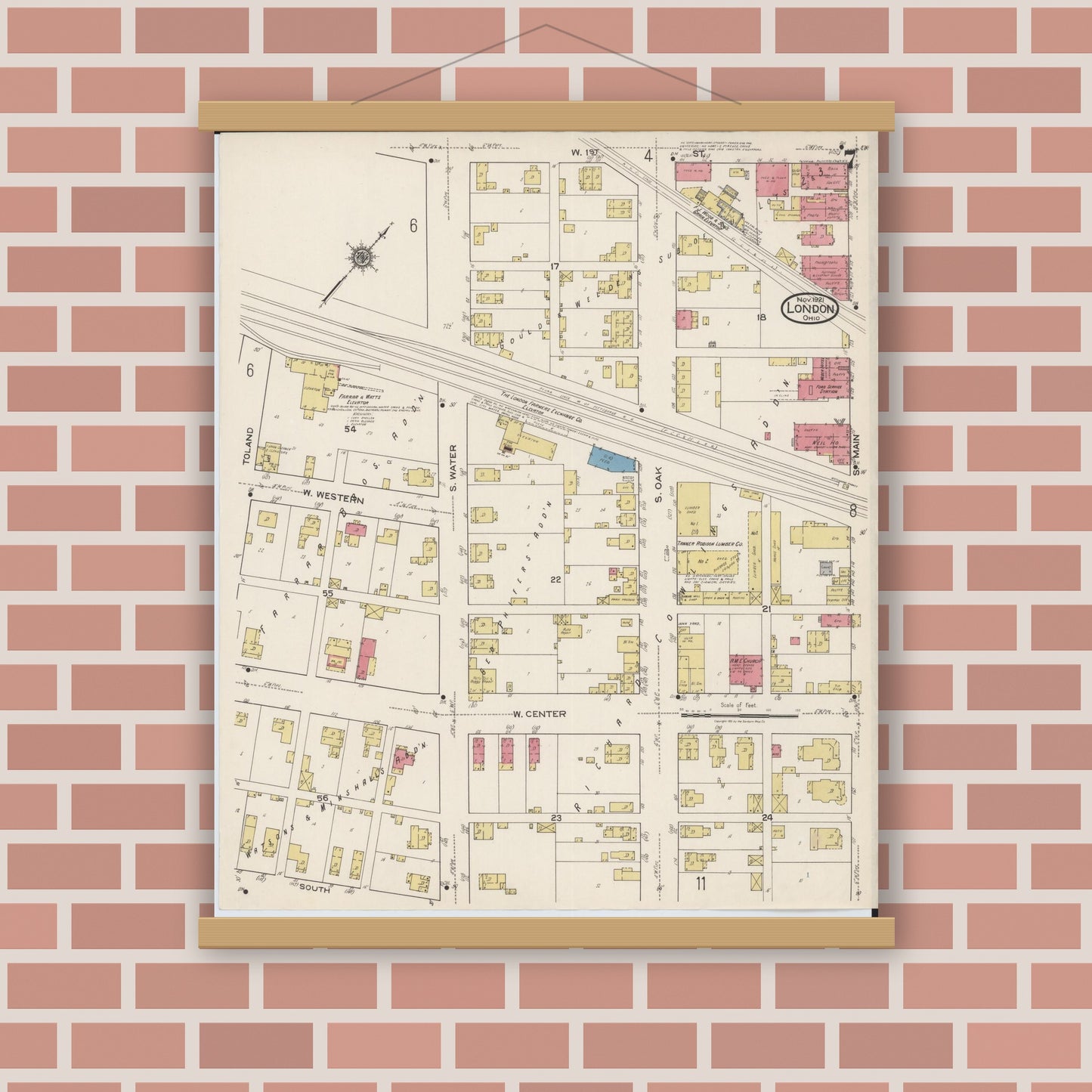 Old map wall art mockup — magnetic wood frame on brick wall — Sanborn Fire Insurance Map from London, Madison County, Ohio (1921), Sheet #0007