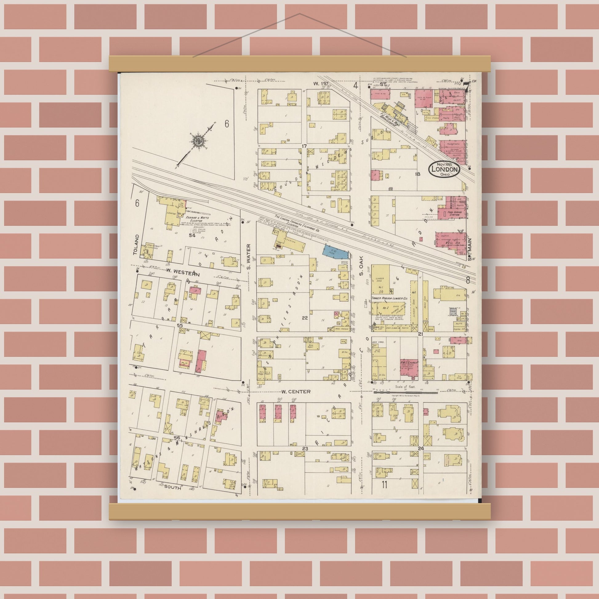 Old map wall art mockup — magnetic wood frame on brick wall — Sanborn Fire Insurance Map from London, Madison County, Ohio (1921), Sheet #0007