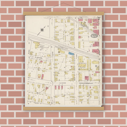 Old map wall art mockup — magnetic wood frame on brick wall — Sanborn Fire Insurance Map from London, Madison County, Ohio (1921), Sheet #0007