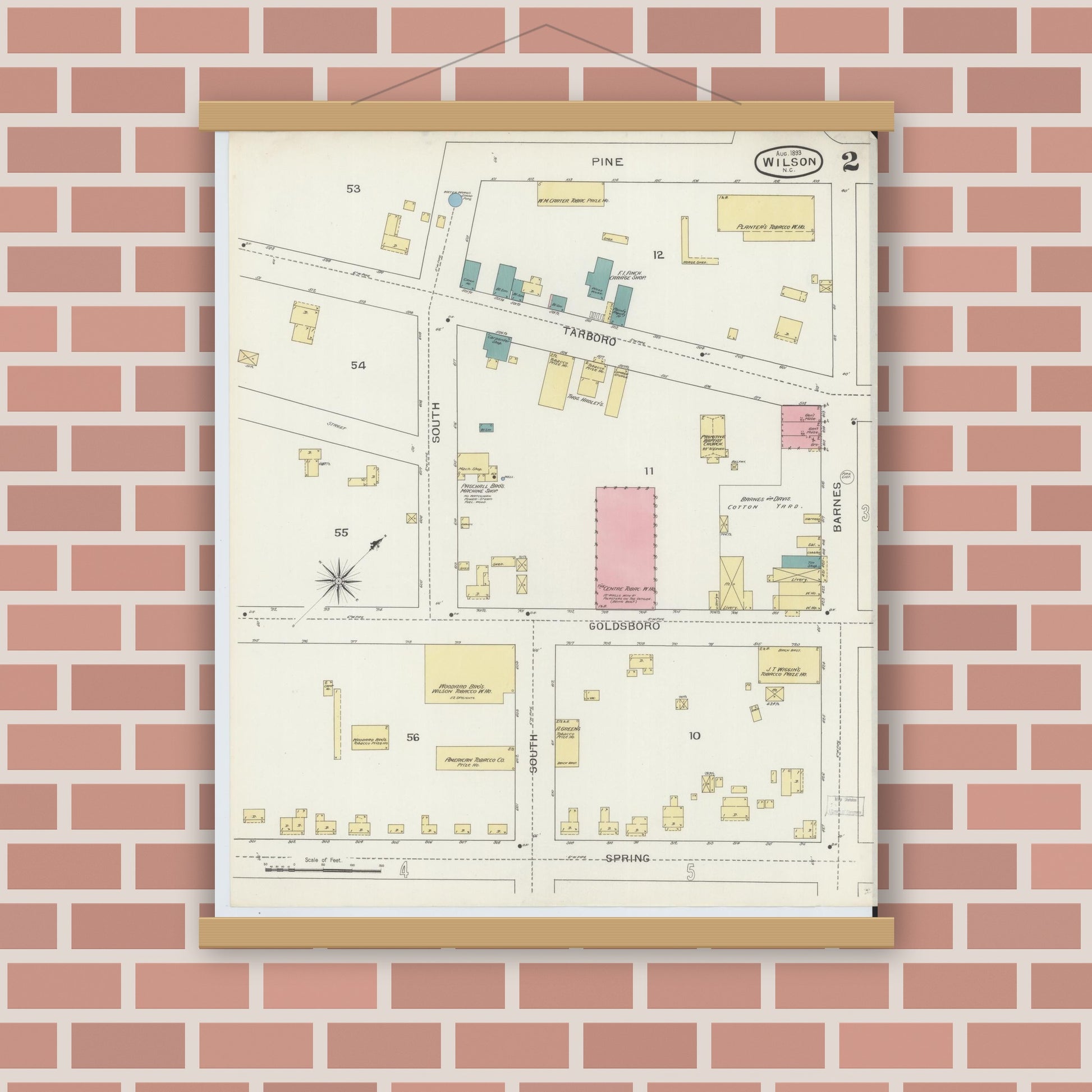 Old map wall art mockup — magnetic wood frame on brick wall — Sanborn Fire Insurance Map from Wilson, Wilson County, North Carolina (1893), Sheet #0002