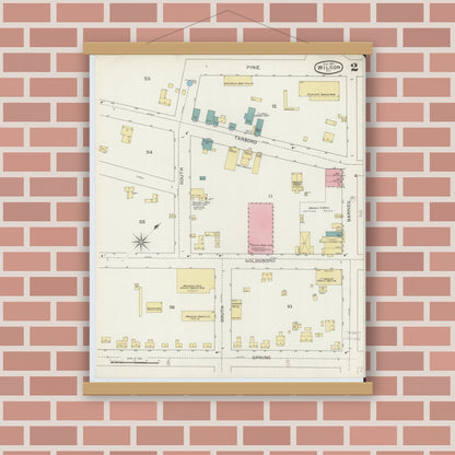 Old map wall art mockup — magnetic wood frame on brick wall — Sanborn Fire Insurance Map from Wilson, Wilson County, North Carolina (1893), Sheet #0002