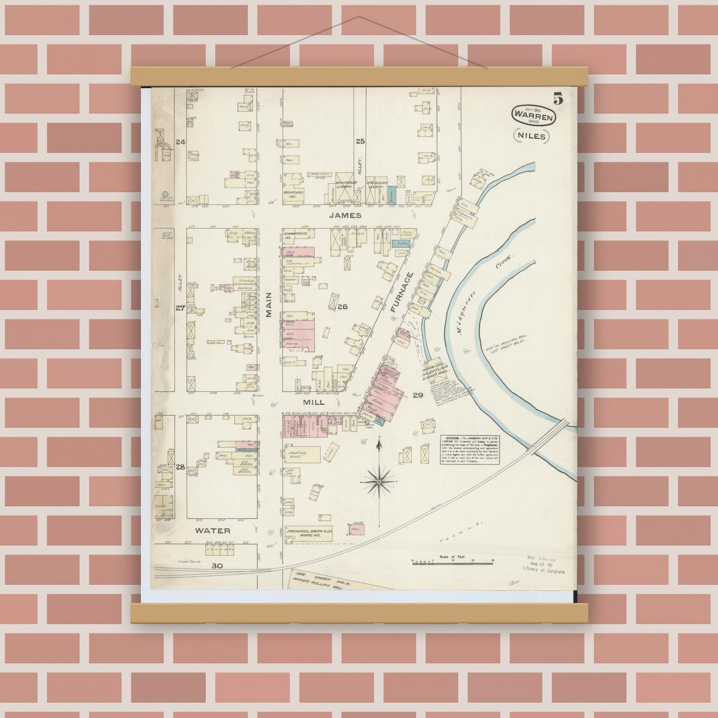 Old map wall art mockup — magnetic wood frame on brick wall — Sanborn Fire Insurance Map from Warren, Trumbull County, Ohio (1884), Sheet #0005
