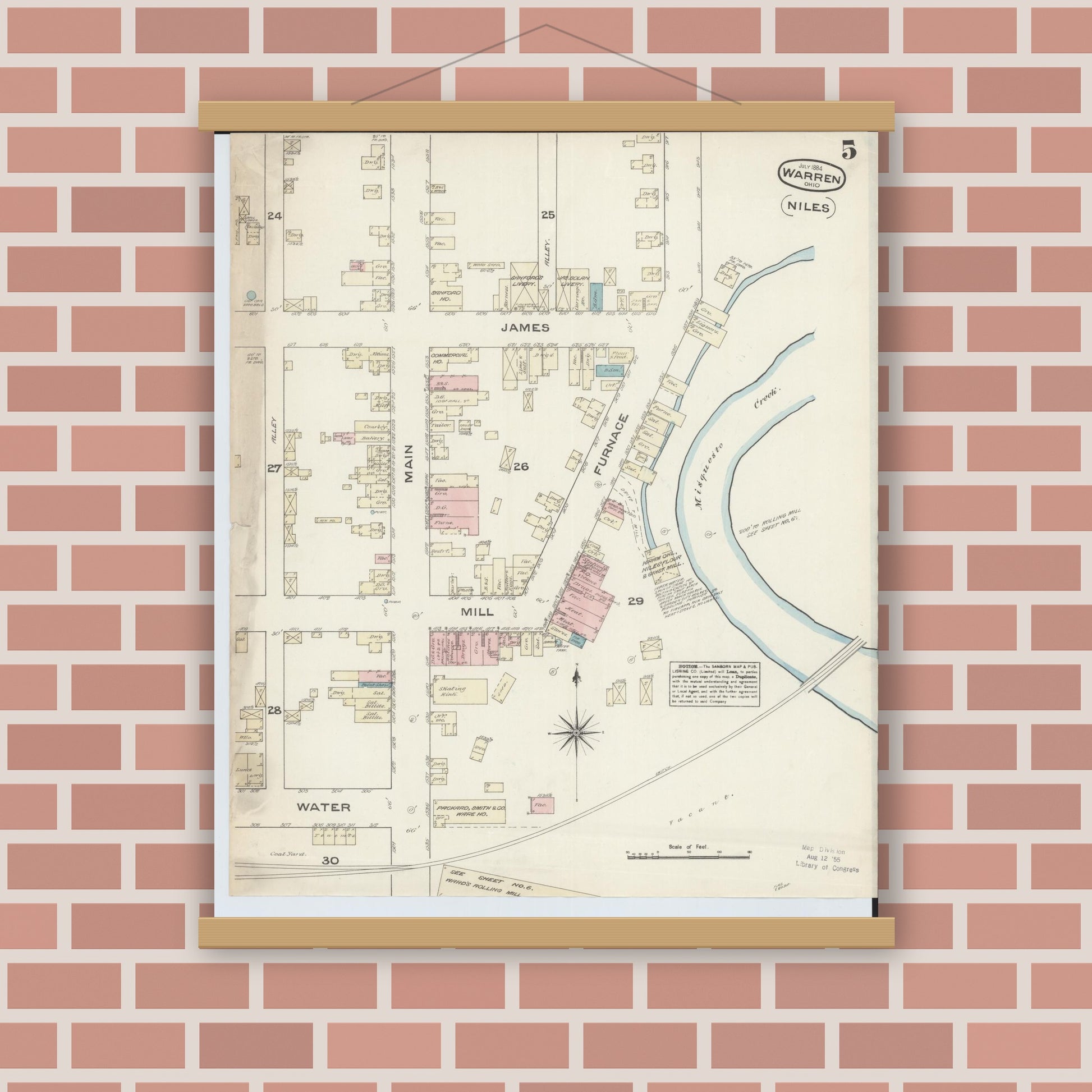 Old map wall art mockup — magnetic wood frame on brick wall — Sanborn Fire Insurance Map from Warren, Trumbull County, Ohio (1884), Sheet #0005