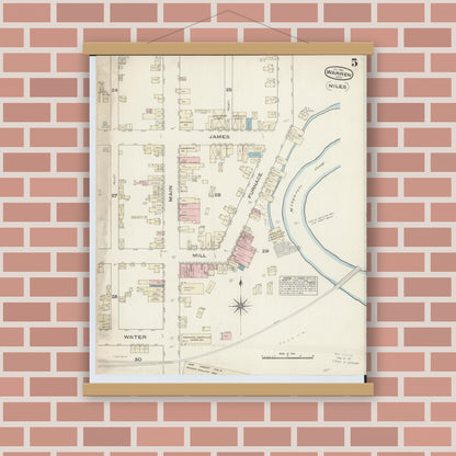 Old map wall art mockup — magnetic wood frame on brick wall — Sanborn Fire Insurance Map from Warren, Trumbull County, Ohio (1884), Sheet #0005