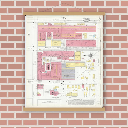 Old map wall art mockup — magnetic wood frame on brick wall — Sanborn Fire Insurance Map from Canton, Fulton County, Illinois (1909), Sheet #0006