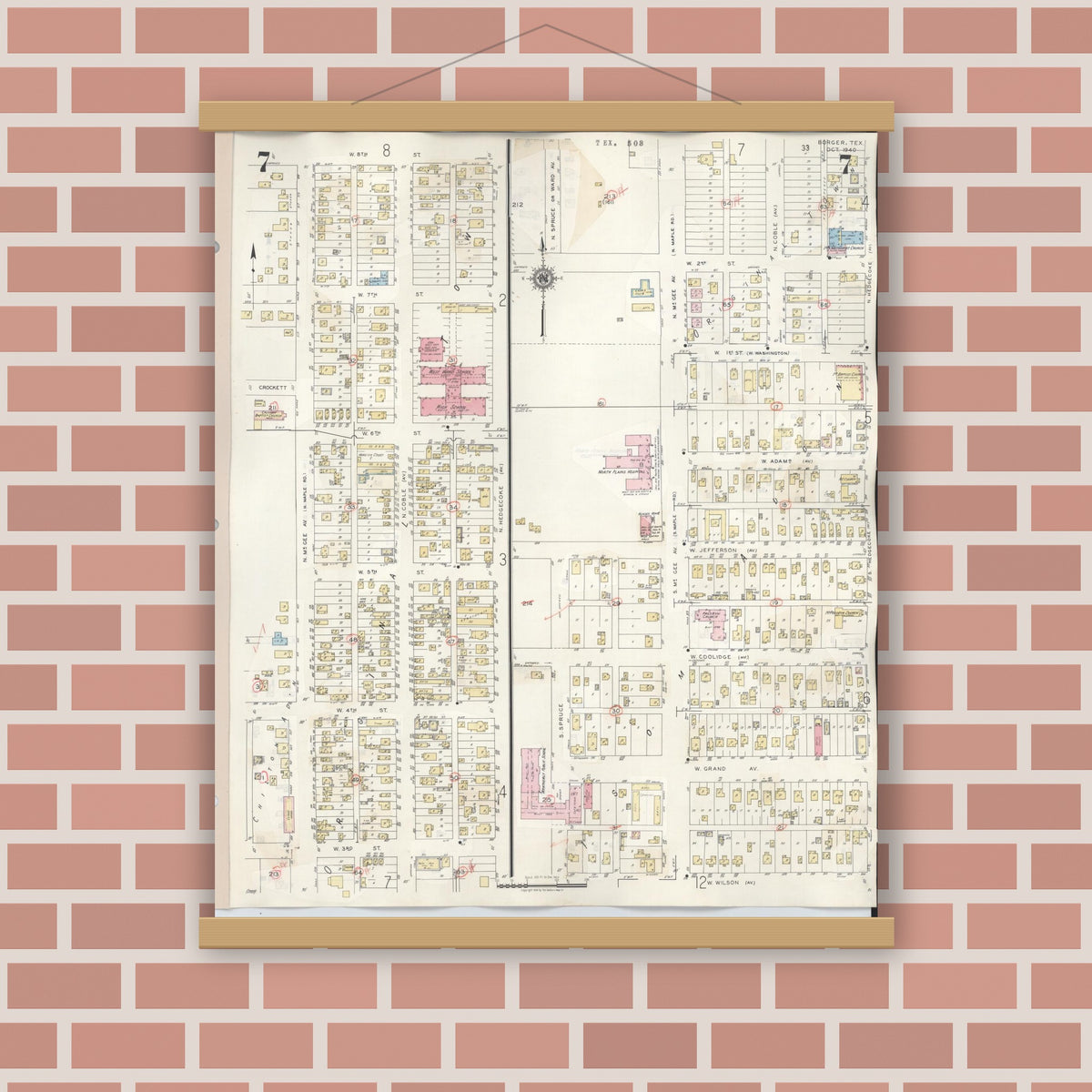 Old map wall art mockup — magnetic wood frame on brick wall — Sanborn Fire Insurance Map from Borger, Hutchinson County, Texas (1950), Sheet #0007
