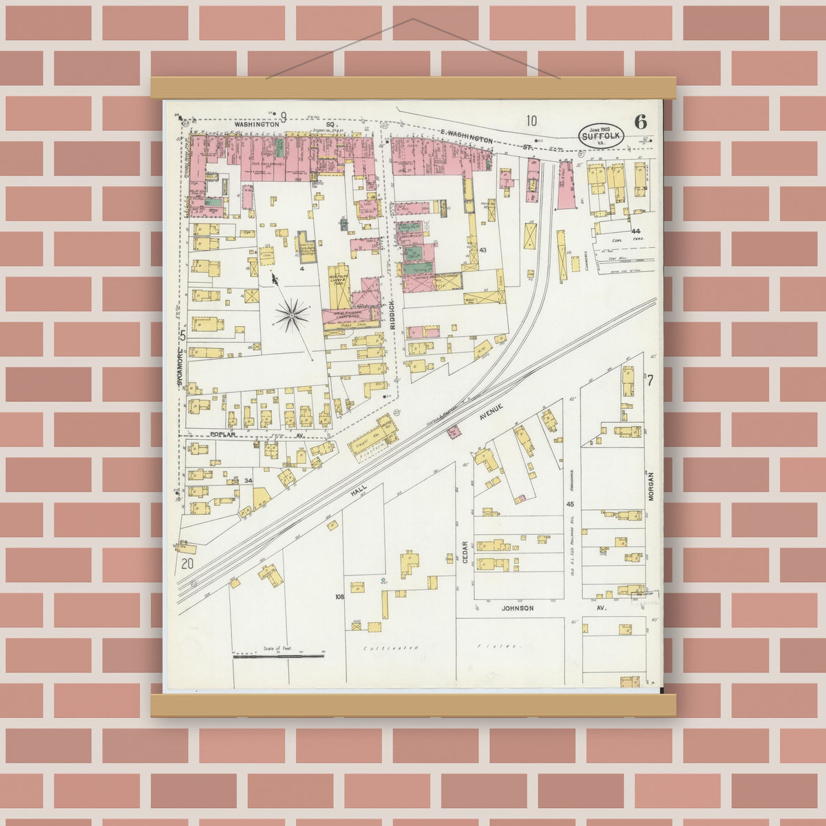 Old map wall art mockup — magnetic wood frame on brick wall — Sanborn Fire Insurance Map from Suffolk, Independent Cities, Virginia (1903), Sheet #0006