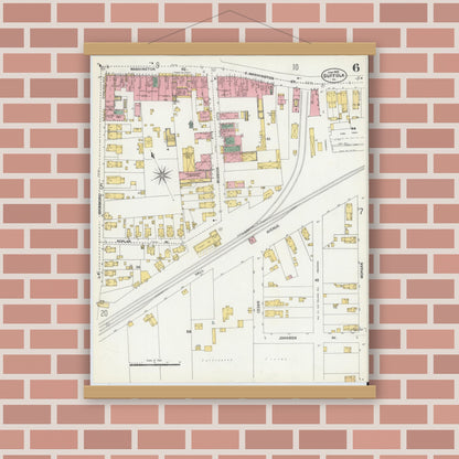 Old map wall art mockup — magnetic wood frame on brick wall — Sanborn Fire Insurance Map from Suffolk, Independent Cities, Virginia (1903), Sheet #0006