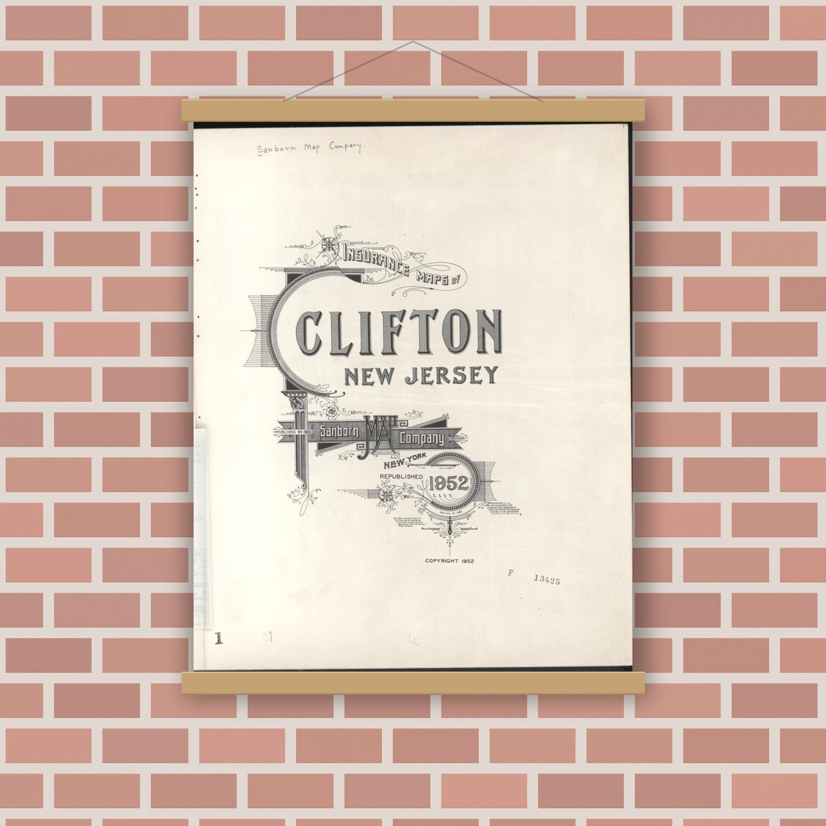 Old map wall art mockup — magnetic wood frame on brick wall — Sanborn Fire Insurance Map from Clifton, Passaic County, New Jersey (1952), Sheet #0001