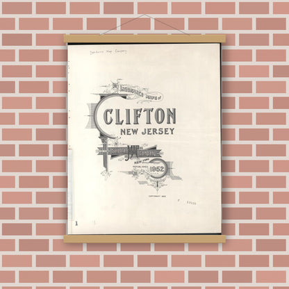 Old map wall art mockup — magnetic wood frame on brick wall — Sanborn Fire Insurance Map from Clifton, Passaic County, New Jersey (1952), Sheet #0001