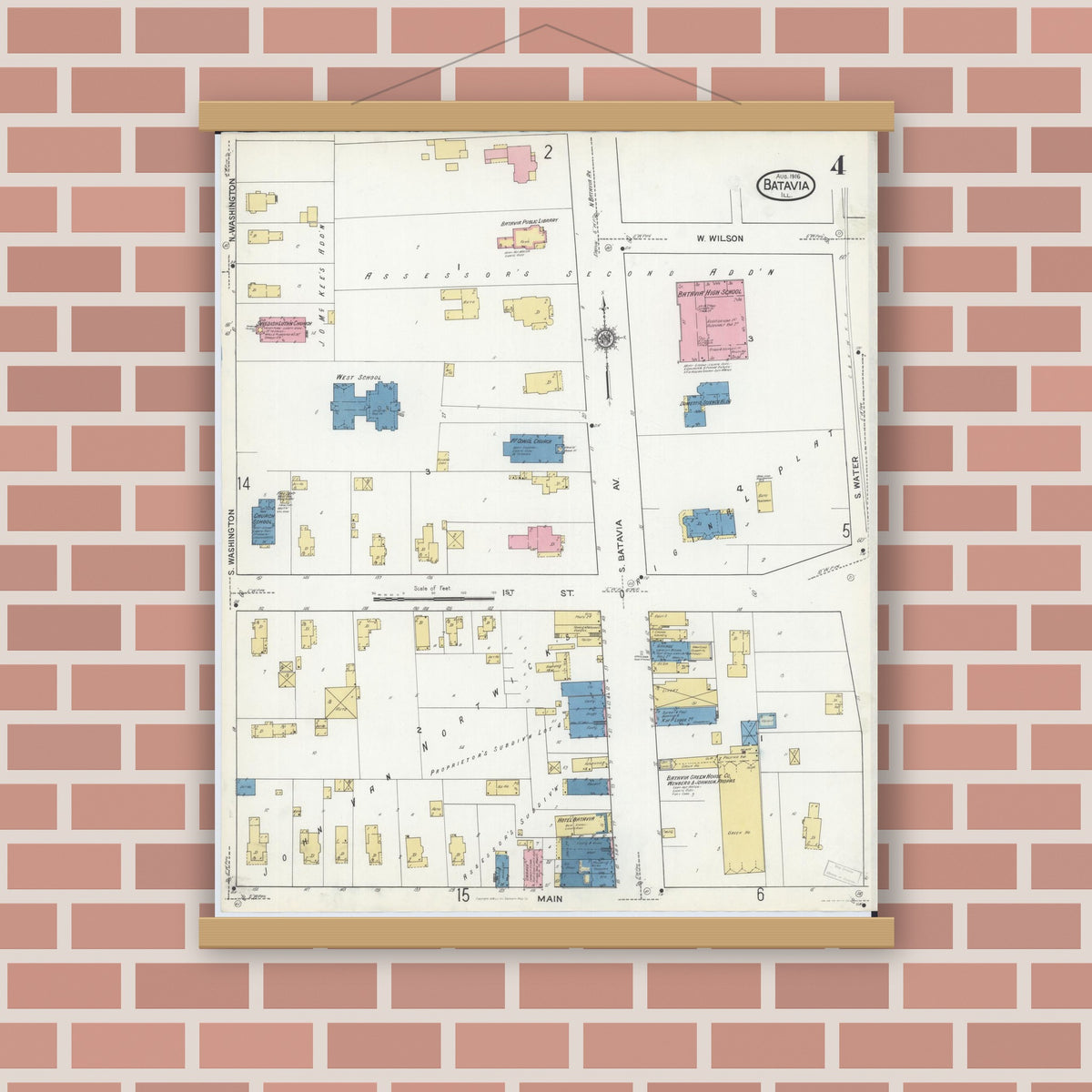 Old map wall art mockup — magnetic wood frame on brick wall — Sanborn Fire Insurance Map from Batavia, Kane County, Illinois (1916), Sheet #0004