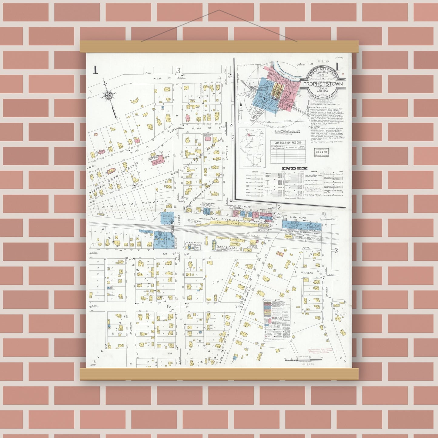 Old map wall art mockup — magnetic wood frame on brick wall — Sanborn Fire Insurance Map from Prophetstown, Whiteside County, Illinois (1934) - Complete Map Set
