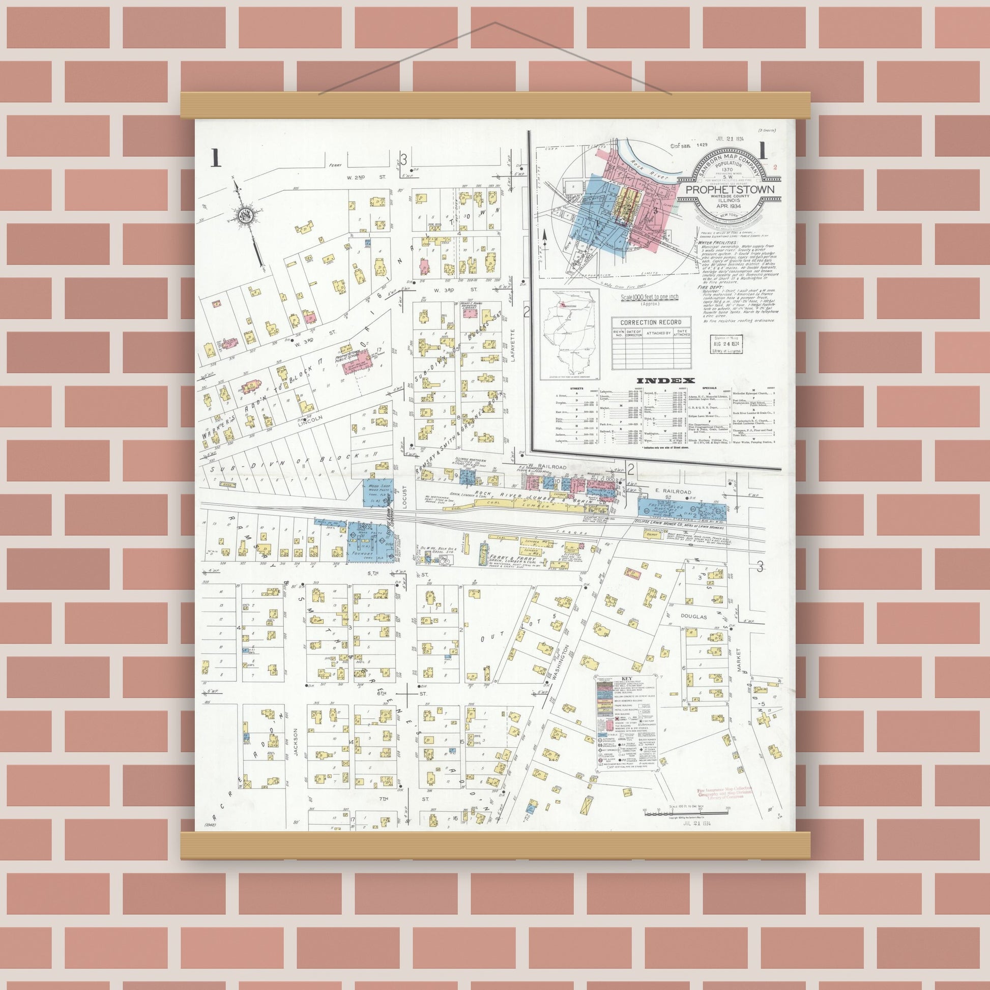 Old map wall art mockup — magnetic wood frame on brick wall — Sanborn Fire Insurance Map from Prophetstown, Whiteside County, Illinois (1934) - Complete Map Set