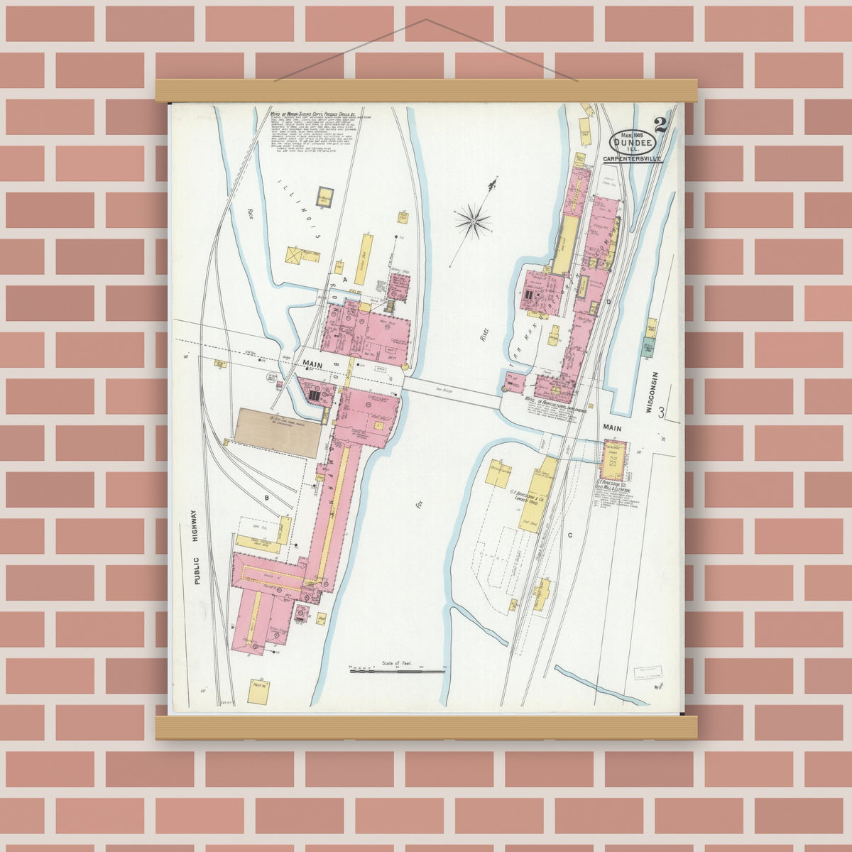 Old map wall art mockup — magnetic wood frame on brick wall — Sanborn Fire Insurance Map from Dundee, Kane County, Illinois (1905), Sheet #0002