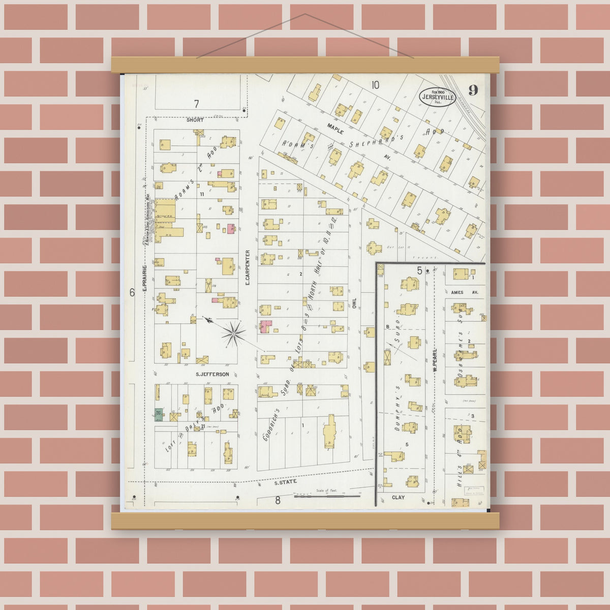 Old map wall art mockup — magnetic wood frame on brick wall — Sanborn Fire Insurance Map from Jerseyville, Jersey County, Illinois (1900), Sheet #0009