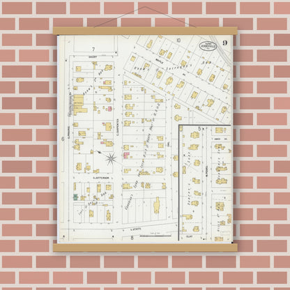 Old map wall art mockup — magnetic wood frame on brick wall — Sanborn Fire Insurance Map from Jerseyville, Jersey County, Illinois (1900), Sheet #0009