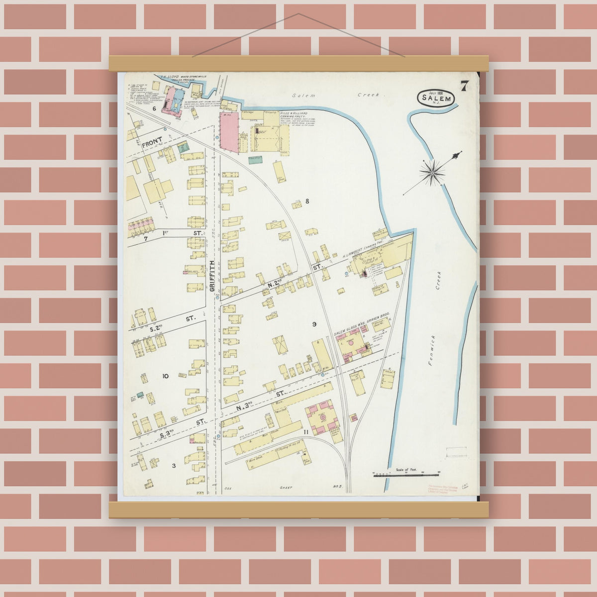 Old map wall art mockup — magnetic wood frame on brick wall — Sanborn Fire Insurance Map from Salem, Salem County, New Jersey (1891), Sheet #0007