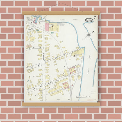 Old map wall art mockup — magnetic wood frame on brick wall — Sanborn Fire Insurance Map from Salem, Salem County, New Jersey (1891), Sheet #0007