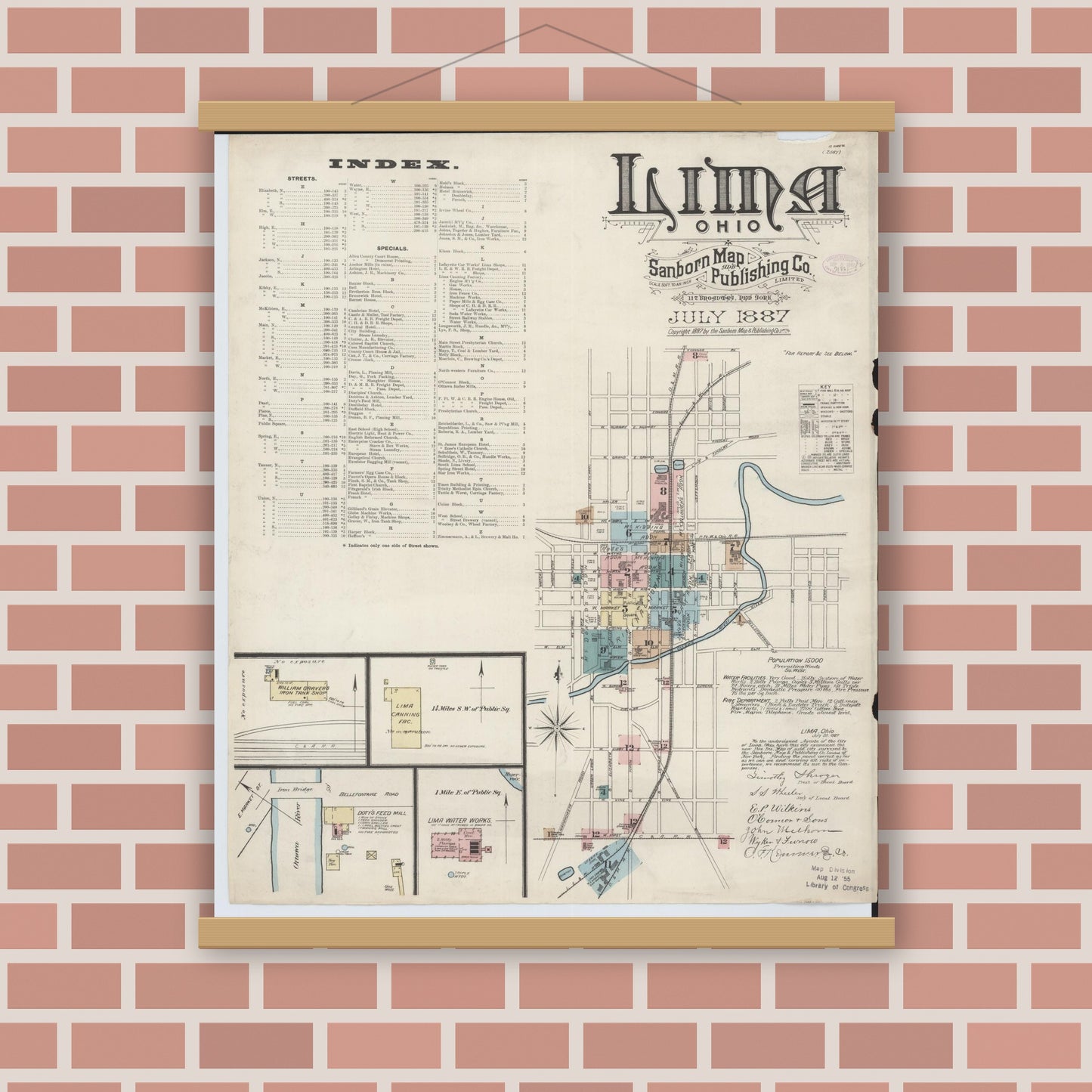 Old map wall art mockup — magnetic wood frame on brick wall — Sanborn Fire Insurance Map from Lima, Allen County, Ohio (1887) - Complete Map Set