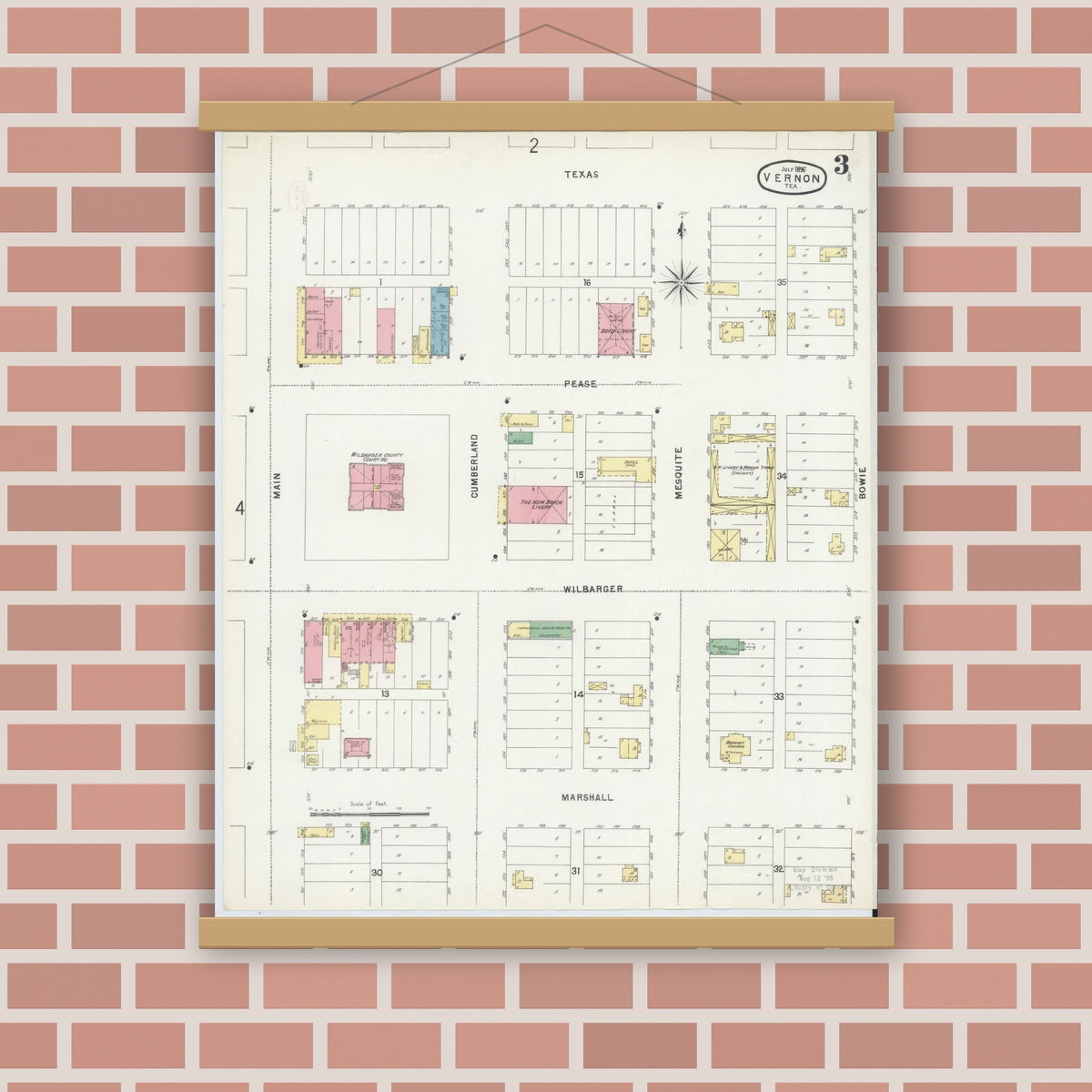 Old map wall art mockup — magnetic wood frame on brick wall — Sanborn Fire Insurance Map from Vernon, Wilbarger County, Texas (1896), Sheet #0003