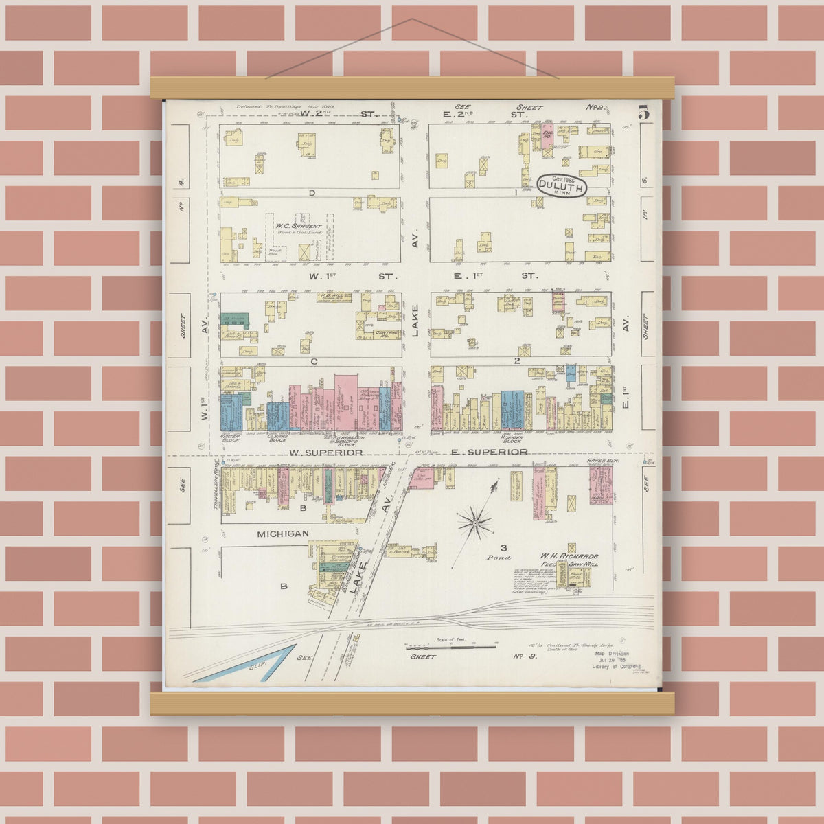 Old map wall art mockup — magnetic wood frame on brick wall — Sanborn Fire Insurance Map from Duluth, Saint Louis County, Minnesota (1885), Sheet #0005