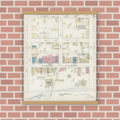 Old map wall art mockup — magnetic wood frame on brick wall — Sanborn Fire Insurance Map from Duluth, Saint Louis County, Minnesota (1885), Sheet #0005