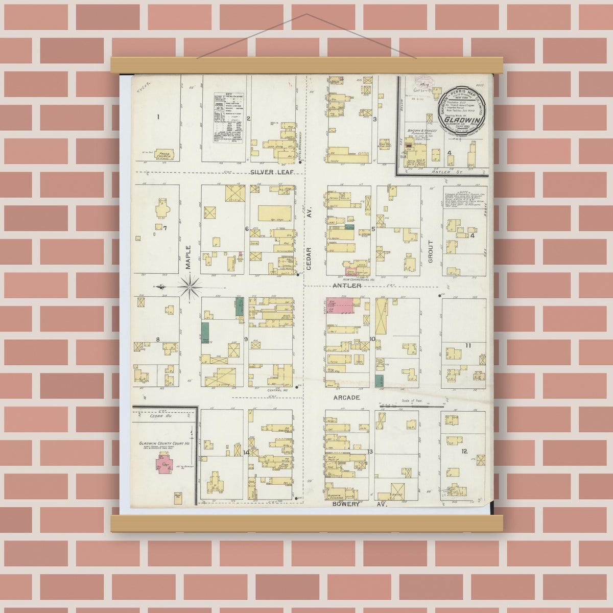 Old map wall art mockup — magnetic wood frame on brick wall — Sanborn Fire Insurance Map from Gladwin, Gladwin County, Michigan (1893), Sheet #0001