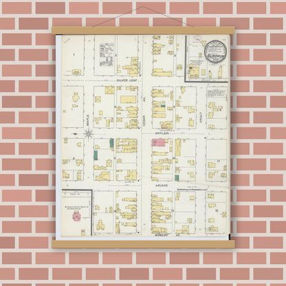 Old map wall art mockup — magnetic wood frame on brick wall — Sanborn Fire Insurance Map from Gladwin, Gladwin County, Michigan (1893), Sheet #0001