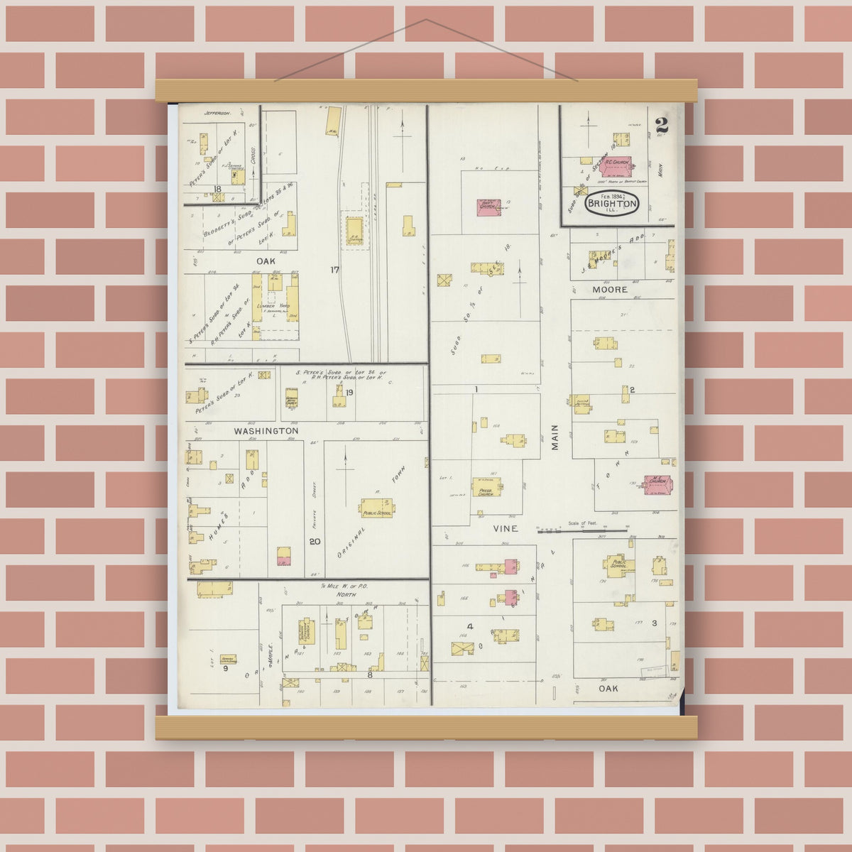 Old map wall art mockup — magnetic wood frame on brick wall — Sanborn Fire Insurance Map from Brighton, Macoupin County, Illinois (1894), Sheet #0002