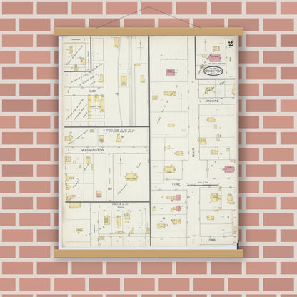 Old map wall art mockup — magnetic wood frame on brick wall — Sanborn Fire Insurance Map from Brighton, Macoupin County, Illinois (1894), Sheet #0002