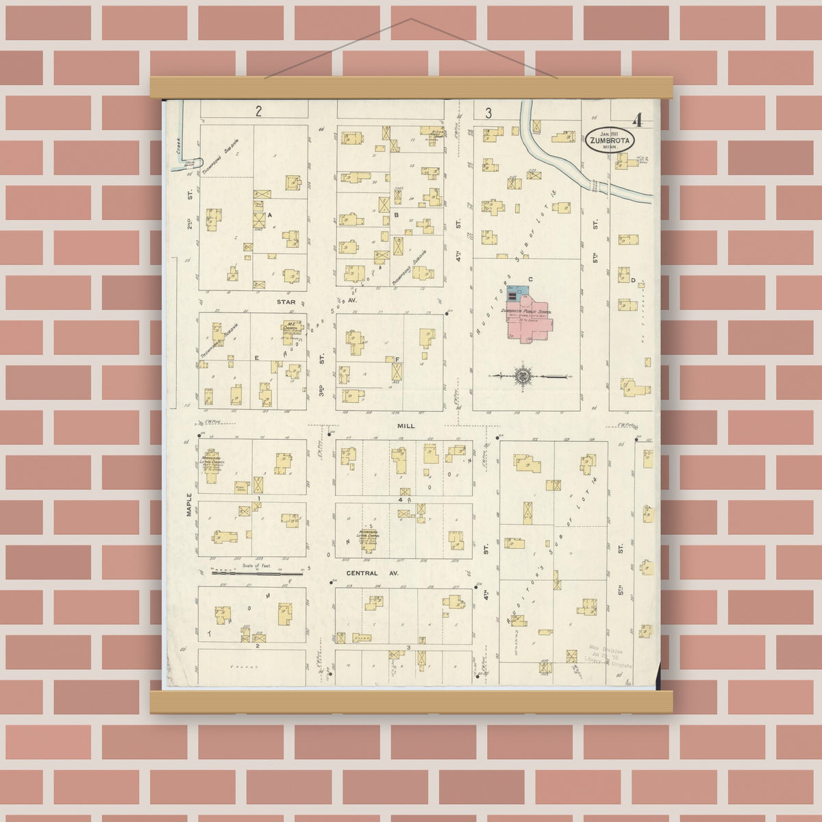 Old map wall art mockup — magnetic wood frame on brick wall — Sanborn Fire Insurance Map from Zumbrota, Goodhue County, Minnesota (1911), Sheet #0004
