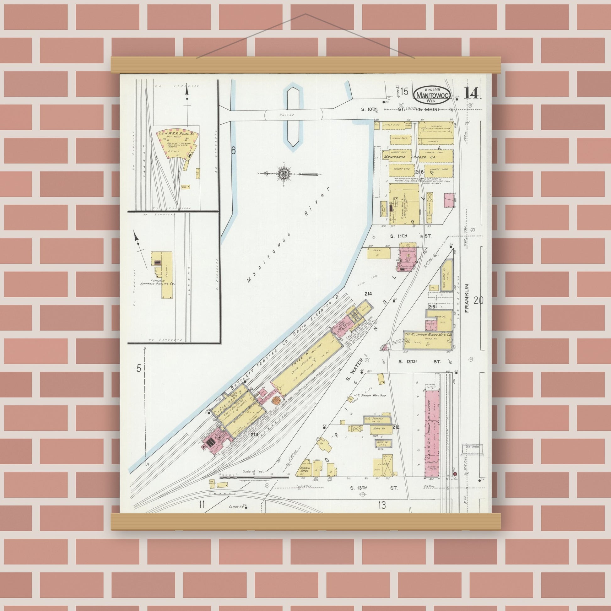 Old map wall art mockup — magnetic wood frame on brick wall — Sanborn Fire Insurance Map from Manitowoc, Manitowoc County, Wisconsin (1919), Sheet #0014