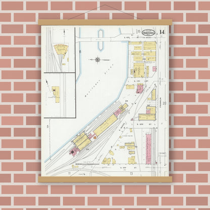 Old map wall art mockup — magnetic wood frame on brick wall — Sanborn Fire Insurance Map from Manitowoc, Manitowoc County, Wisconsin (1919), Sheet #0014