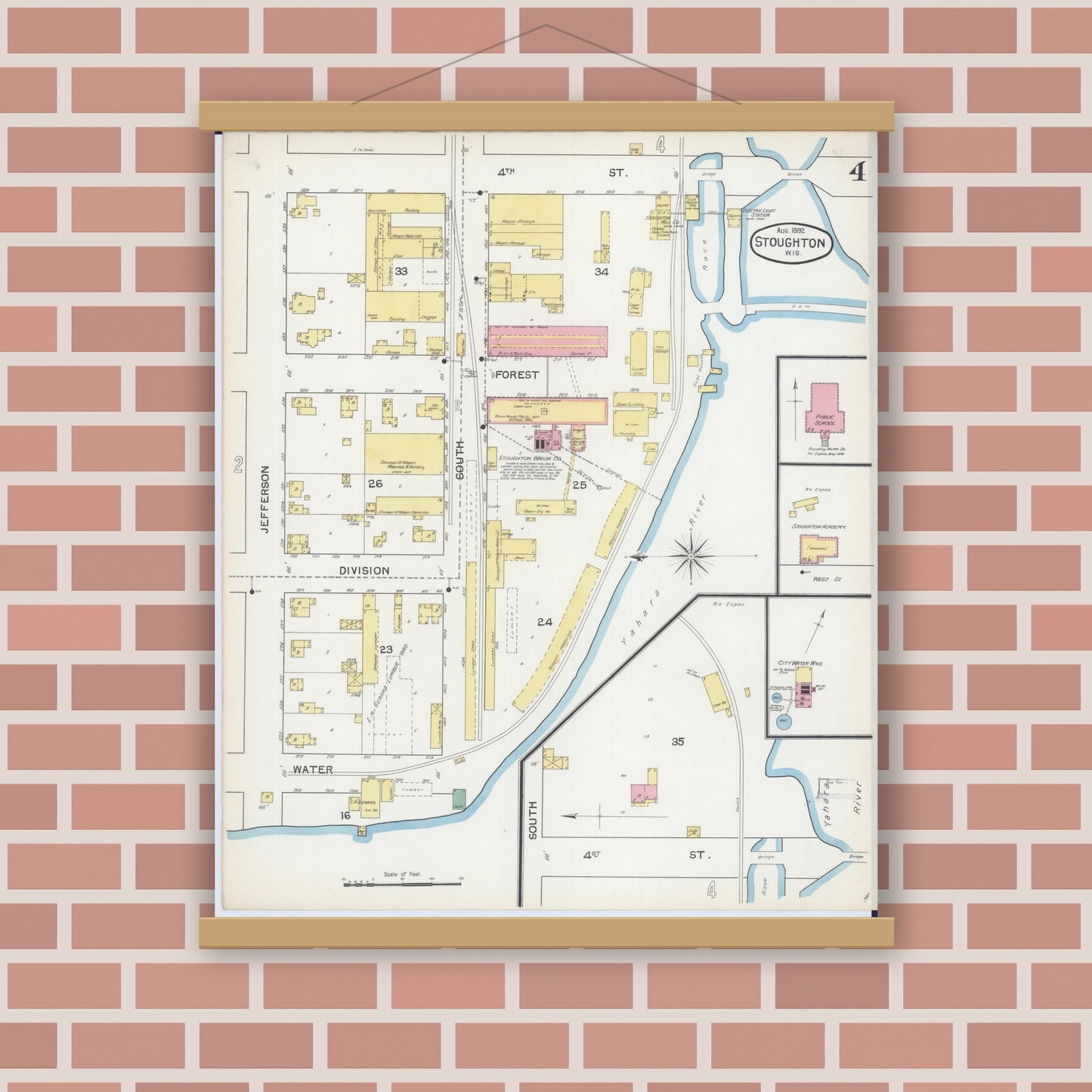 Old map wall art mockup — magnetic wood frame on brick wall — Sanborn Fire Insurance Map from Stoughton, Dane County, Wisconsin (1892), Sheet #0004